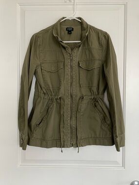 J. Crew Olive Military Utility Drawstring Jacket Y2K Zip Front Barn Coat Small